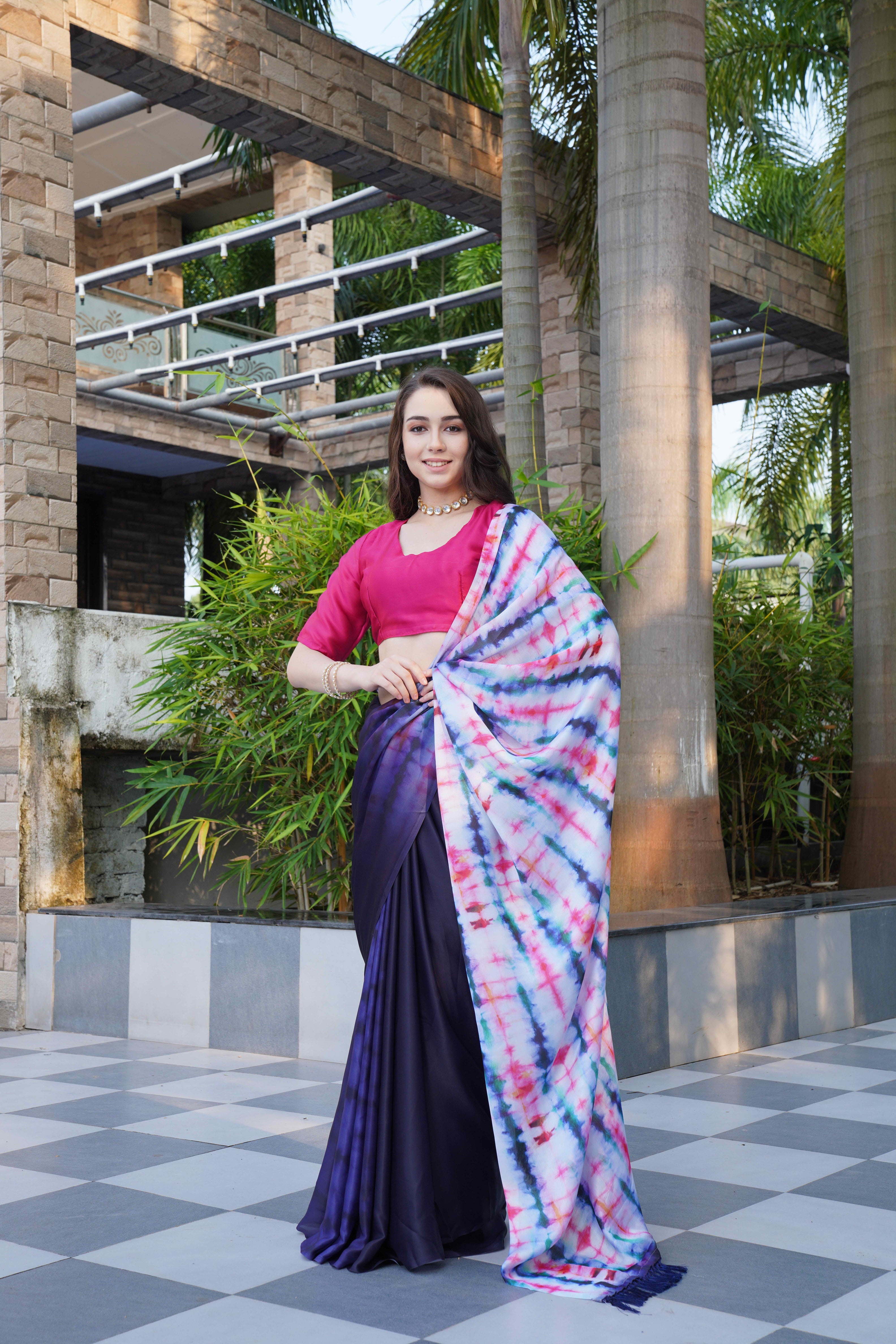 Dark Blue Colour Block Georgette Saree